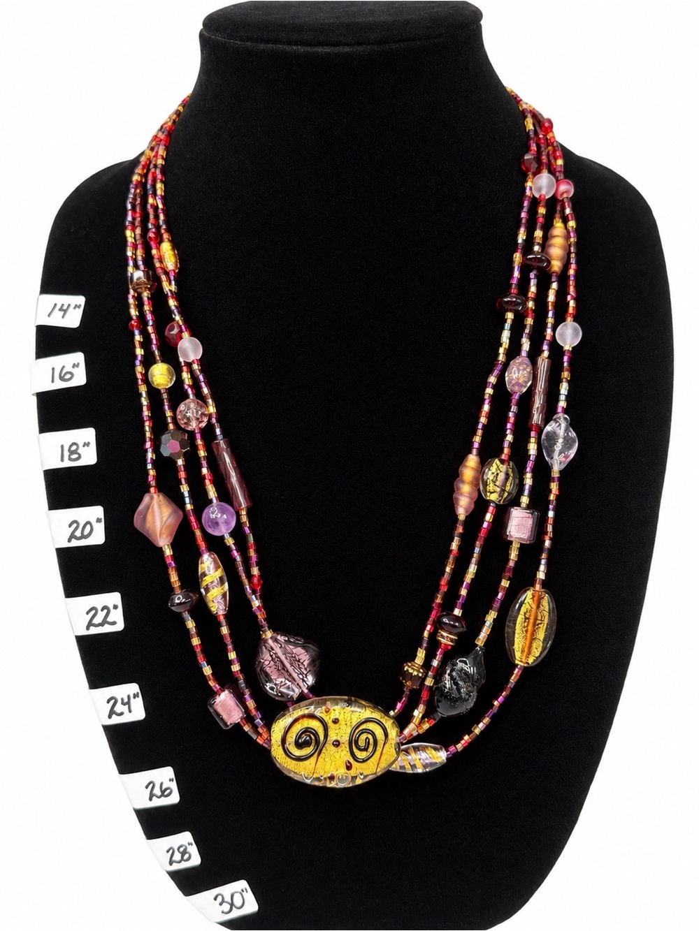 Multi Strand Art Glass Beaded Necklace Gold Foil & Mixed Glass Statement Jewelry